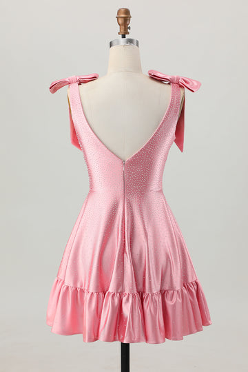 Beaded A-Line Blush Pink Homecoming Dress With Bows